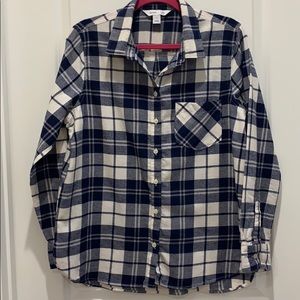 Navy and White Plaid Flannel Shirt